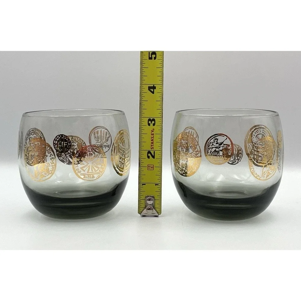 Vintage 1971 Federal Glass Roma Coins Roly Poly Tumblers‎ Set Of 2 Smoky Gray